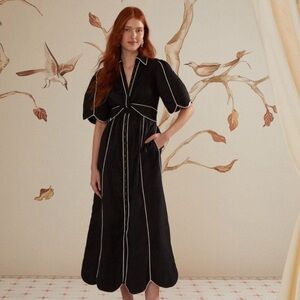 FARM Rio Black Midi Dress with White Piping